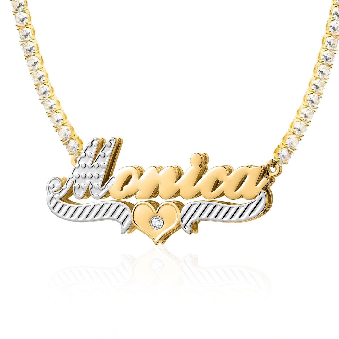 Diamond 2-Tone Heart 3D Plated Name Necklace