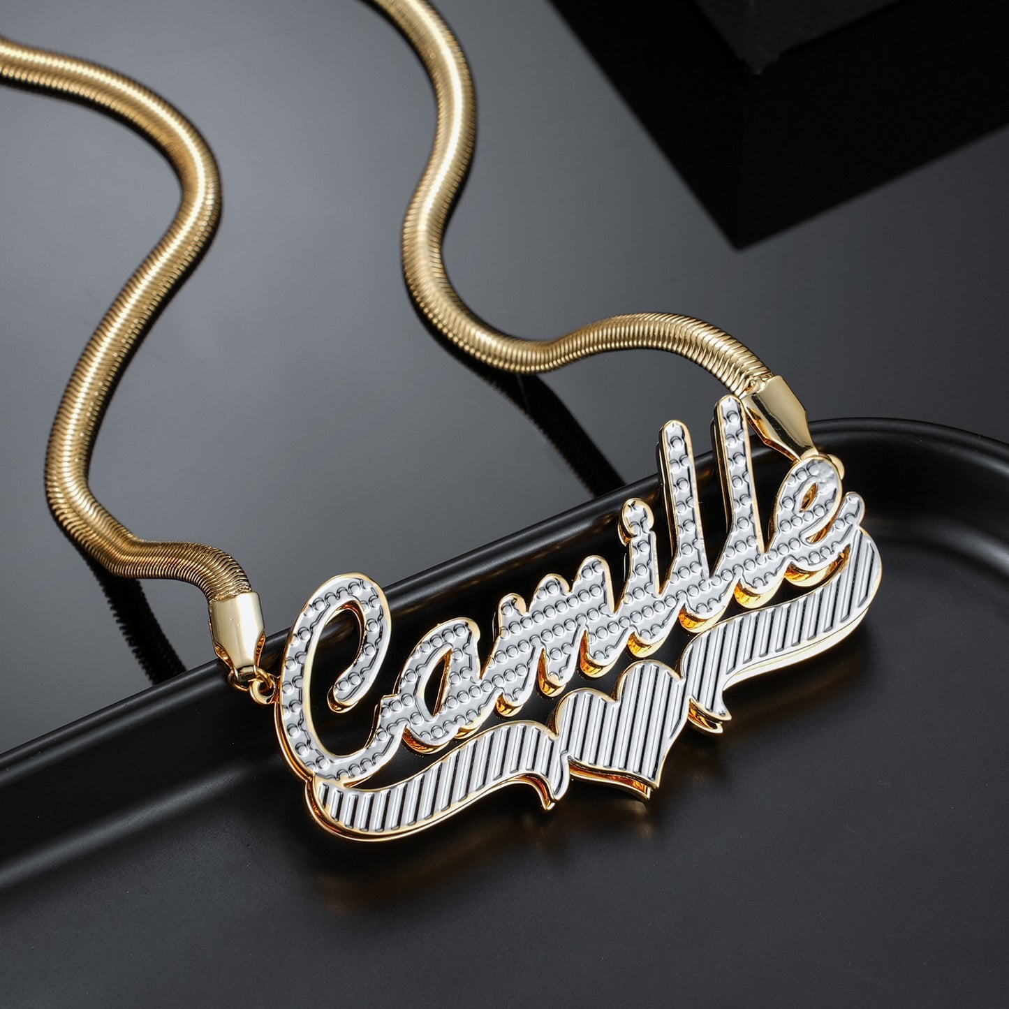 Diamond-Cut Heart Bar 3D Plated Name Necklace