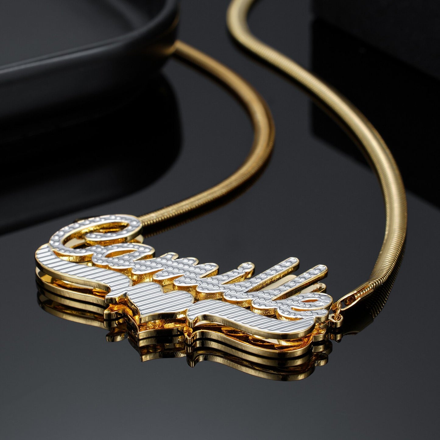 Diamond-Cut Heart Bar 3D Plated Name Necklace