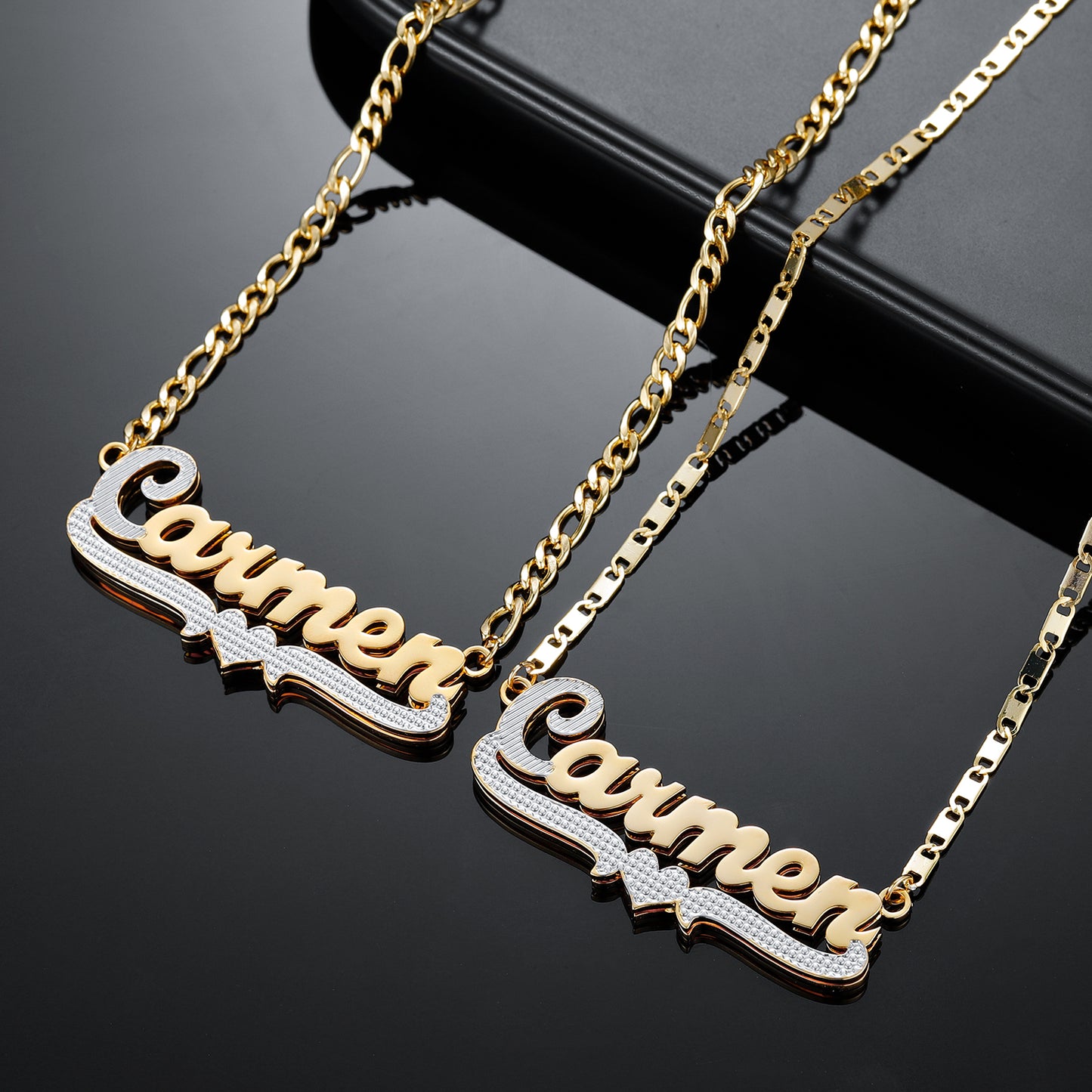 2-Tone Heart Bar 3D Plated Name Necklace