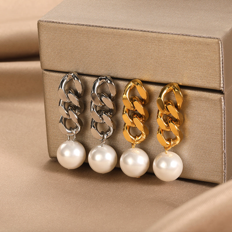 Cuban Earrings w/ Pearl [Gold + Silver]