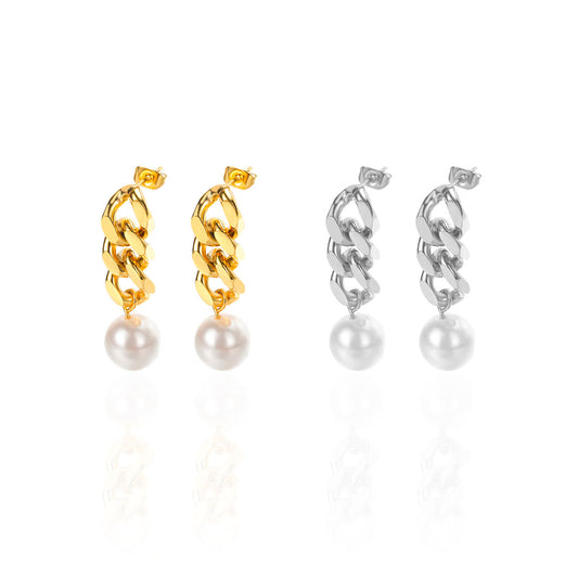 Cuban Earrings w/ Pearl [Gold + Silver]